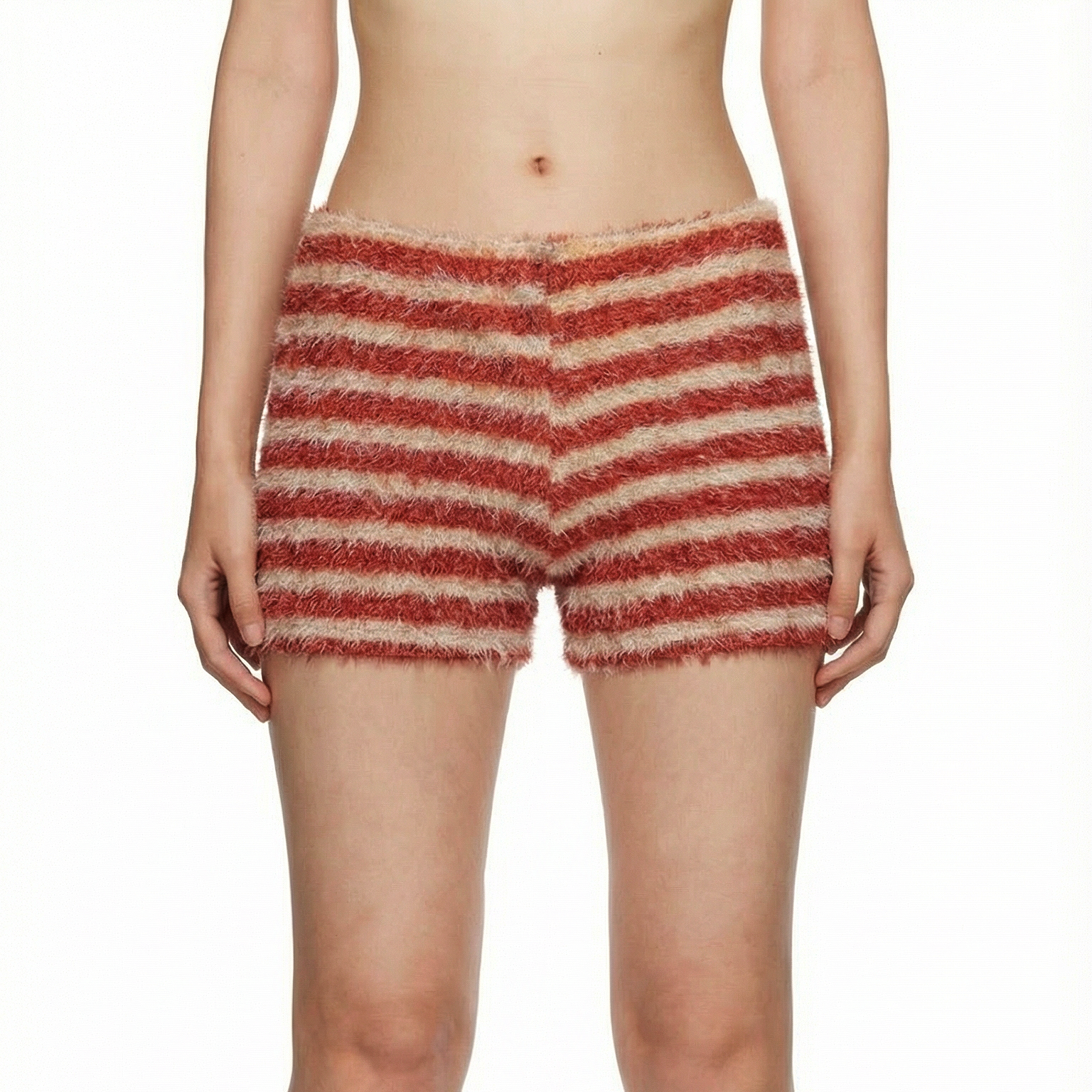 model wearing tan and red striped fuzzy shorts